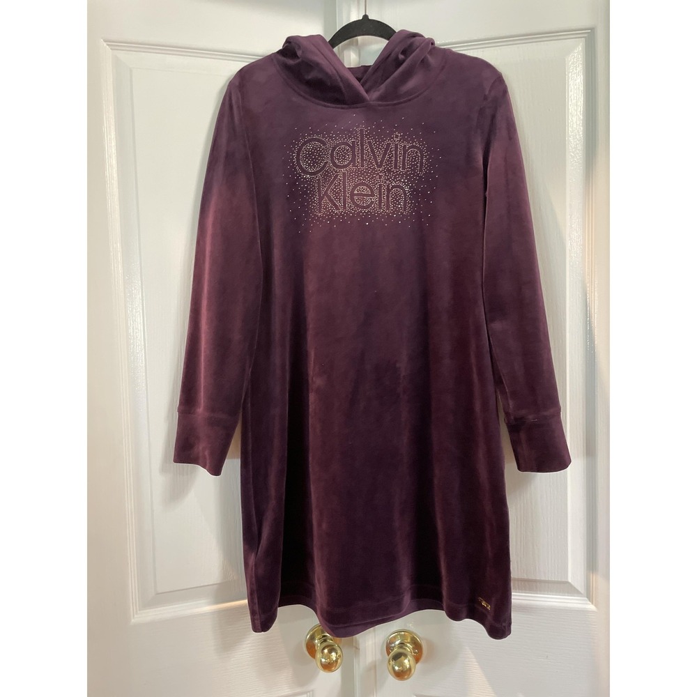 Calvin Klein Sweatshirt Dress Womens Large Purple Velour Hooded Rhinestone Logo